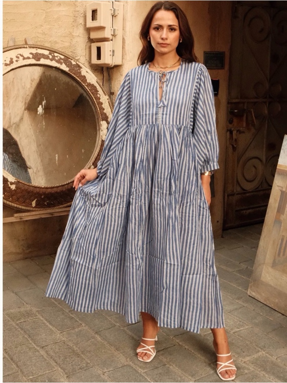 House of Sundar Tara Midi Dress Sky Lines Women’s Medium Striped Boho Beach